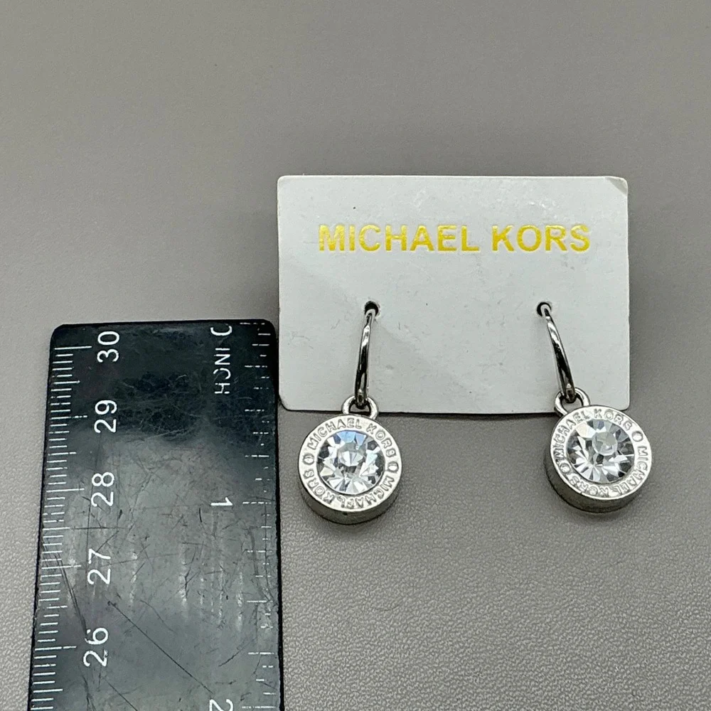 Michael Kors Silver Tone Crystal Logo Drop Earrings MK Fashion Jewelry 8048